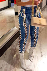 High Rise Lace Up Washed Denim Jeans