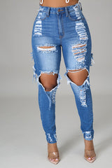 Shredded Frayed Stretch Pencil Jeans