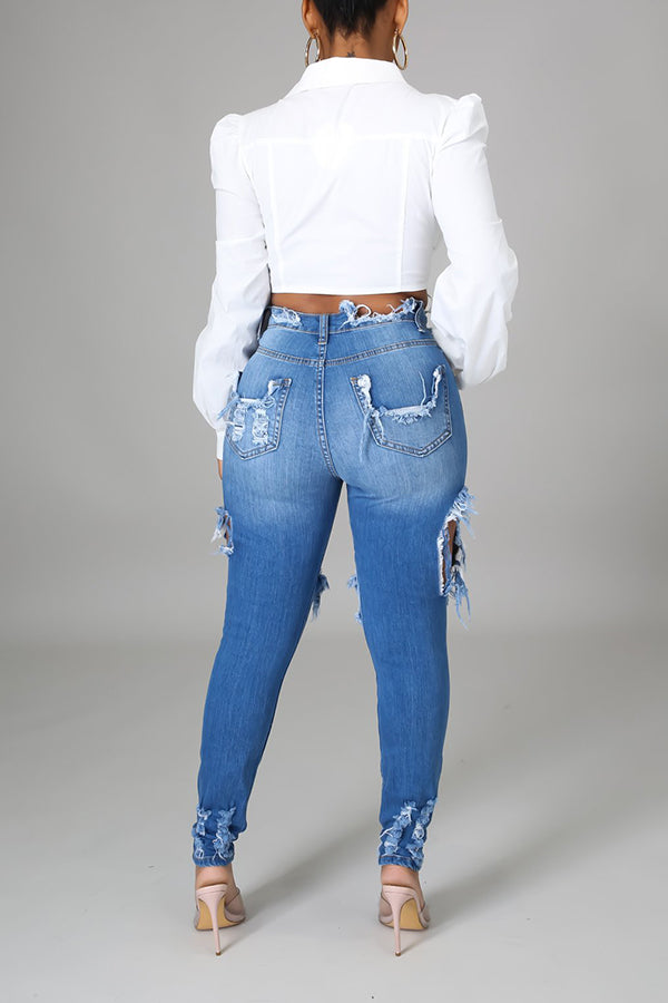 Shredded Frayed Stretch Pencil Jeans