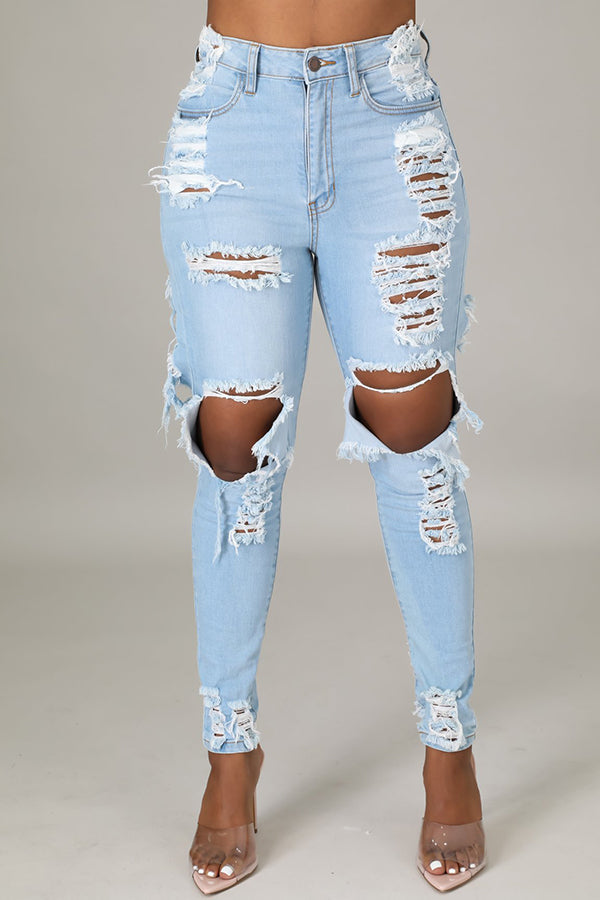 Shredded Frayed Stretch Pencil Jeans