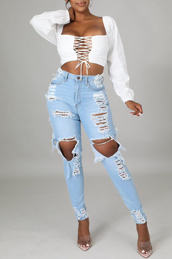 Shredded Frayed Stretch Pencil Jeans