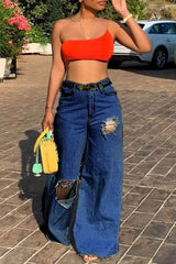 Irregular Shredded Loose High Waist Wide Leg Jeans