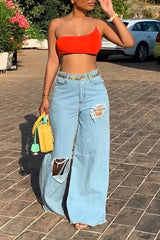 Irregular Shredded Loose High Waist Wide Leg Jeans