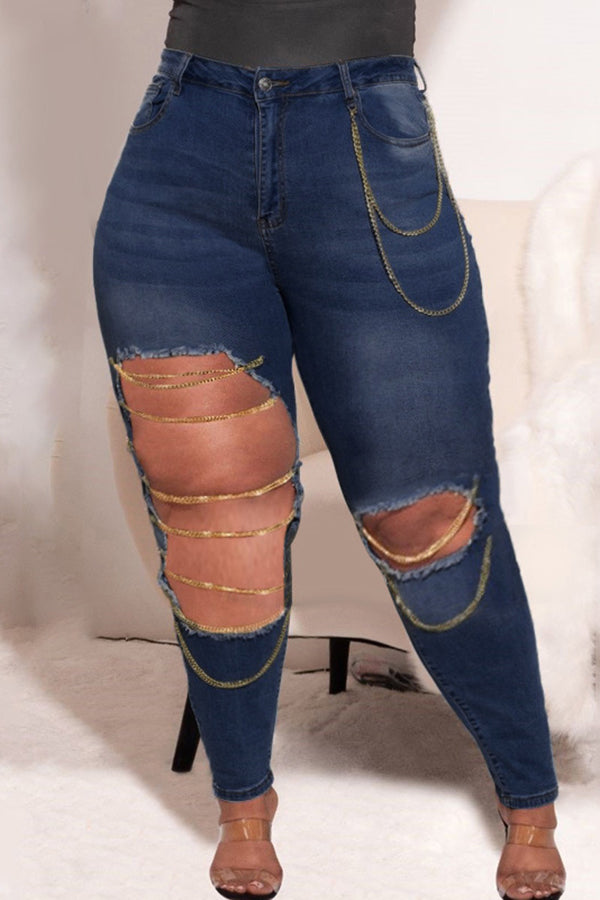 Plus Size Slim Fit Ripped Chain High Stretch Jeans