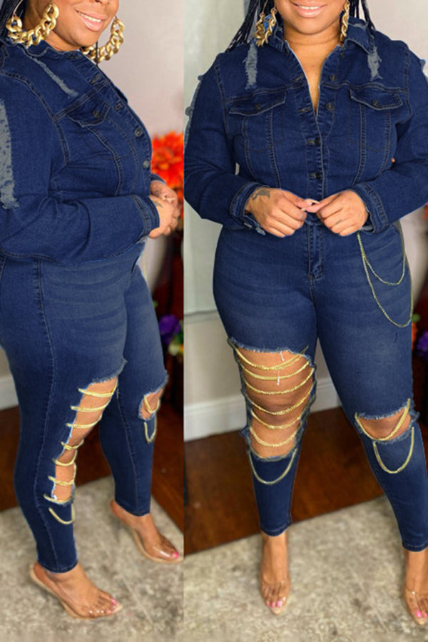 Plus Size Slim Fit Ripped Chain High Stretch Jeans