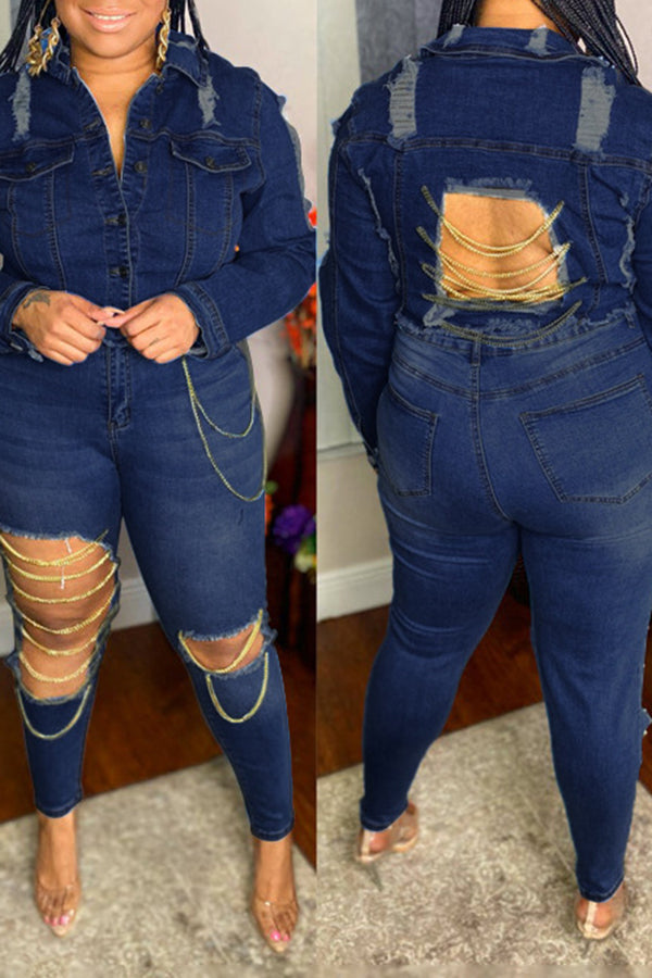 Plus Size Slim Fit Ripped Chain High Stretch Jeans