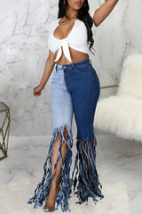 Stylish Contrast Paneled Fringe Flared Slim-Fit Stretch Jeans