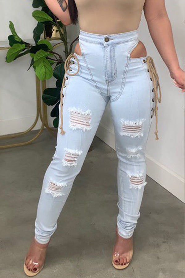 On-Trend Slim Fit High Waist Hollow Lace Up Jeans