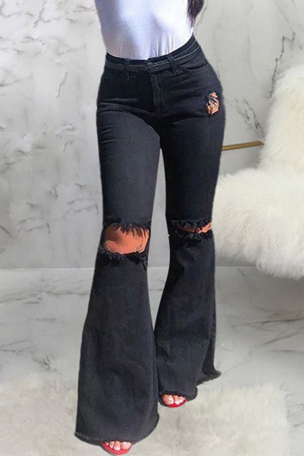 Fashion High Waist Knee Ripped Stretch Slim Fit Flared Jeans