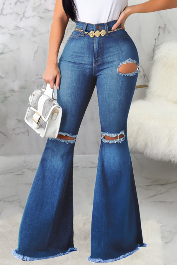 Fashion High Waist Knee Ripped Stretch Slim Fit Flared Jeans