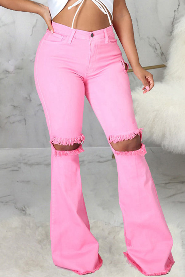 Fashion High Waist Knee Ripped Stretch Slim Fit Flared Jeans