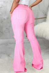 Fashion High Waist Knee Ripped Stretch Slim Fit Flared Jeans