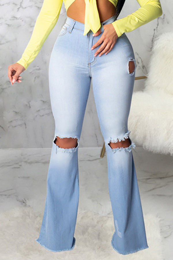 Fashion High Waist Knee Ripped Stretch Slim Fit Flared Jeans