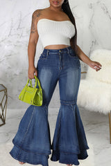 Fashion High Waist Double Layer Flared Jeans