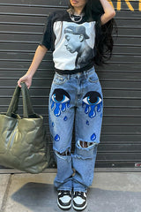 Statement Ripped Eye Graffiti Print Straight-Leg Jeans