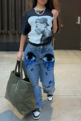 Statement Ripped Eye Graffiti Print Straight-Leg Jeans