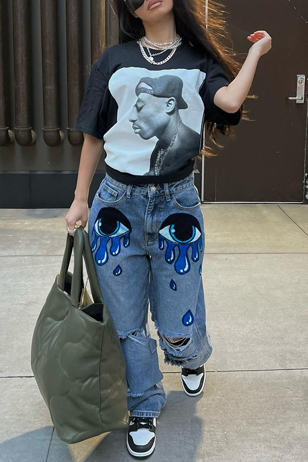 Statement Ripped Eye Graffiti Print Straight-Leg Jeans