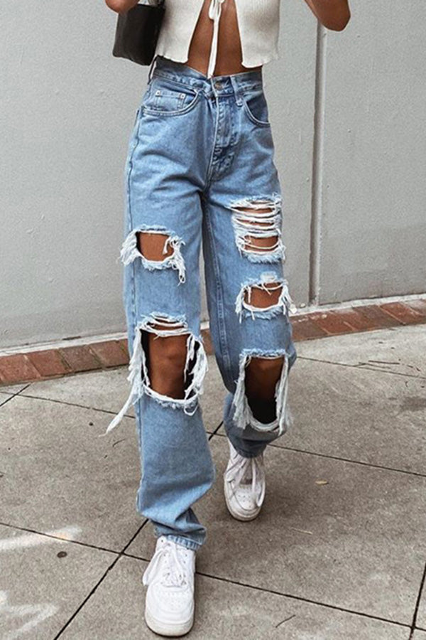 Trendy Ripped Holes Solid Color Straight Cut Jeans