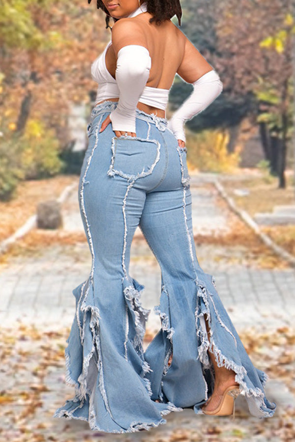 Trendy Solid Color Tassels Slit Raw Edge Flared Jeans