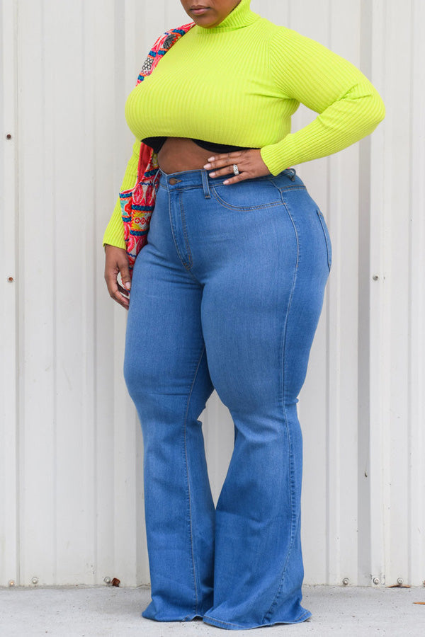 Casual Plus Size Solid Color High Waist Slim Fit Flared Jeans