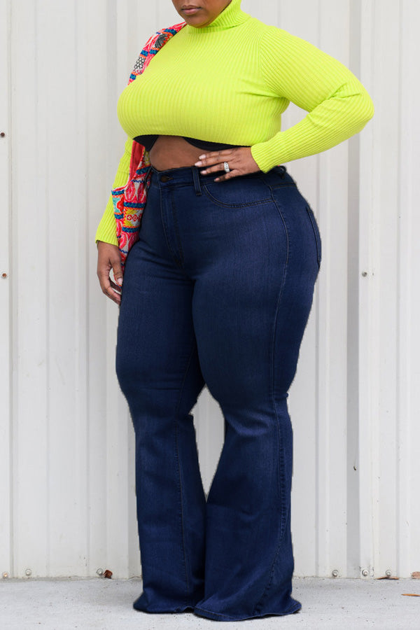 Casual Plus Size Solid Color High Waist Slim Fit Flared Jeans