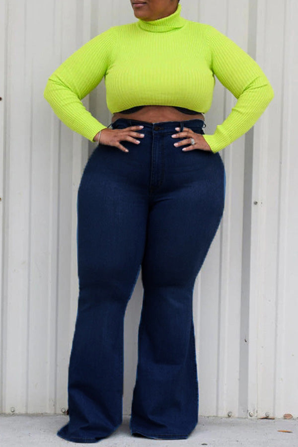 Casual Plus Size Solid Color High Waist Slim Fit Flared Jeans