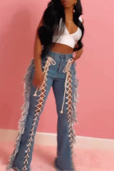 Eyelet String Fringe Straight Pants Elastic Sexy Slim Jeans