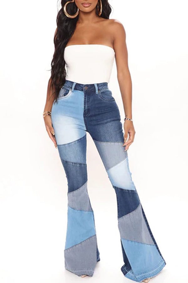 Fashion Denim Wide Leg Panelled Jeans