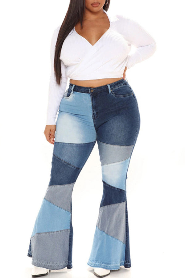 Fashion Denim Wide Leg Panelled Jeans