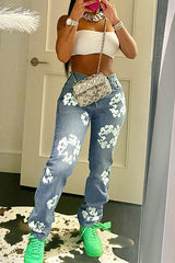 Fashion Versatile Daisy Print High Waist Straight Fit Jeans