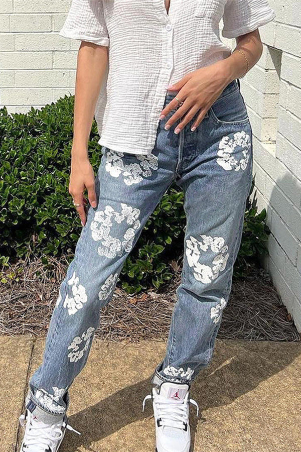 Fashion Versatile Daisy Print High Waist Straight Fit Jeans