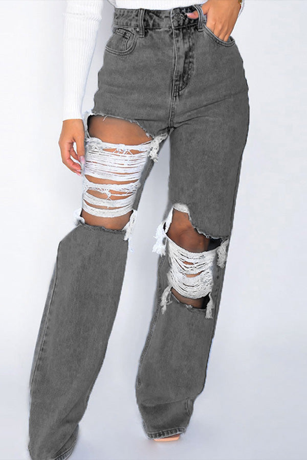 Street Trend Washed Hip Hop Straight Ripped Jeans