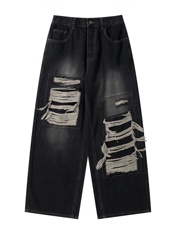 2000s Fake Hole Damage Wide Denim Pants Unisex