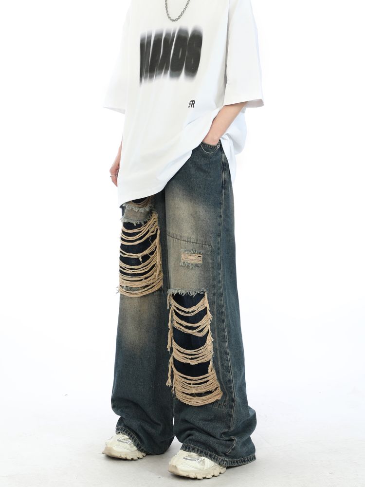 2000s Fake Hole Damage Wide Denim Pants Unisex