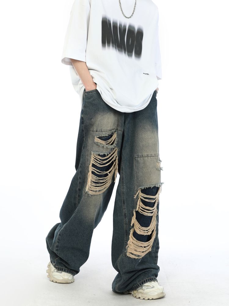 2000s Fake Hole Damage Wide Denim Pants Unisex