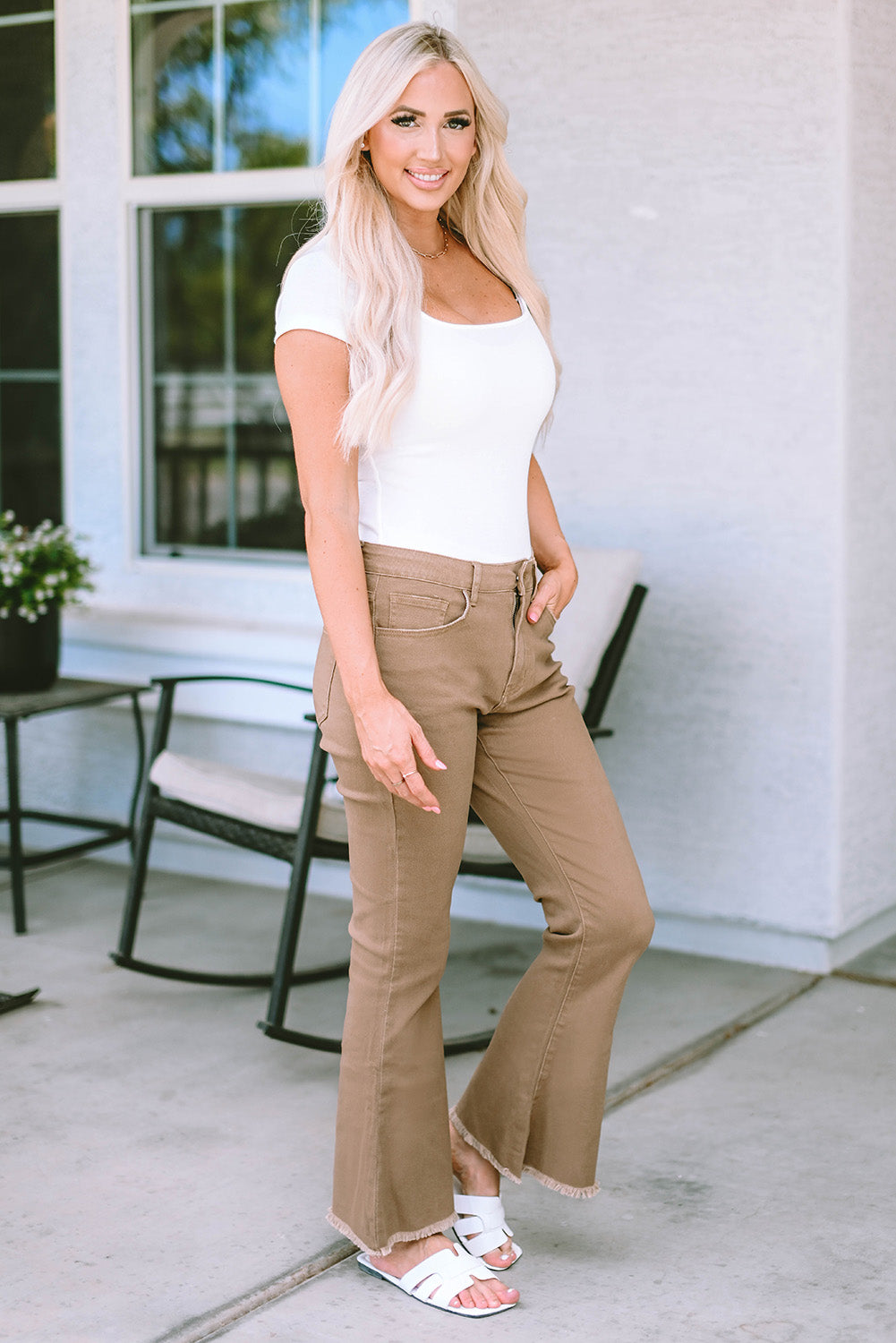 Khaki Raw Hem High Waist Flare Jeans