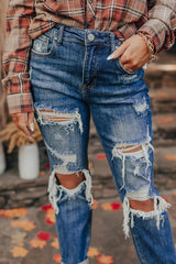 Blaue Vintage Distressed Boyfriend Jeans mit Rissen