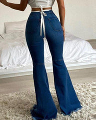 Solid Raw Hem Ripped Knee Flare Leg High Waist Jeans