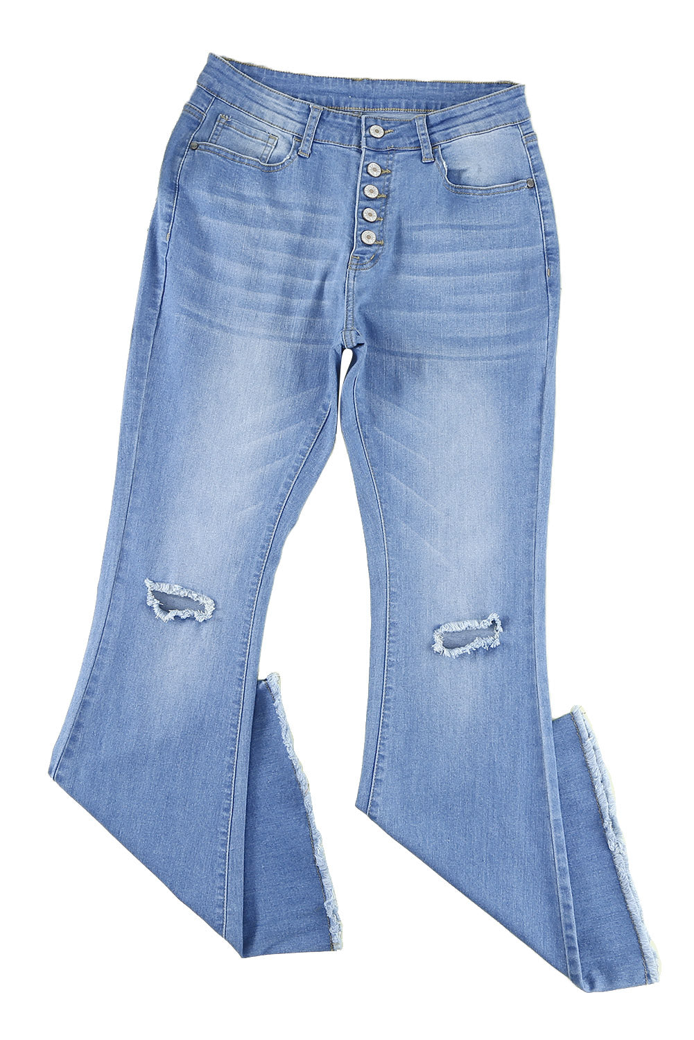 Sky Blue High Rise Distressed Bell Bottom Denims