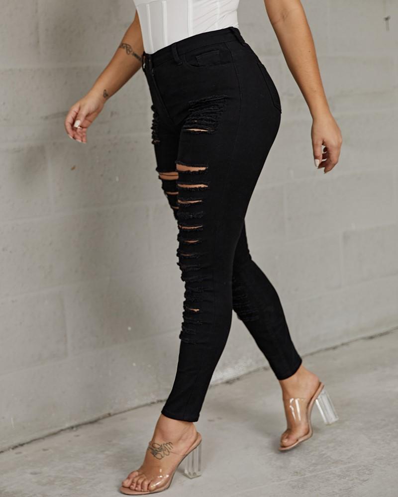 Plus High Waist Ladder Distressed Skinny Jeans