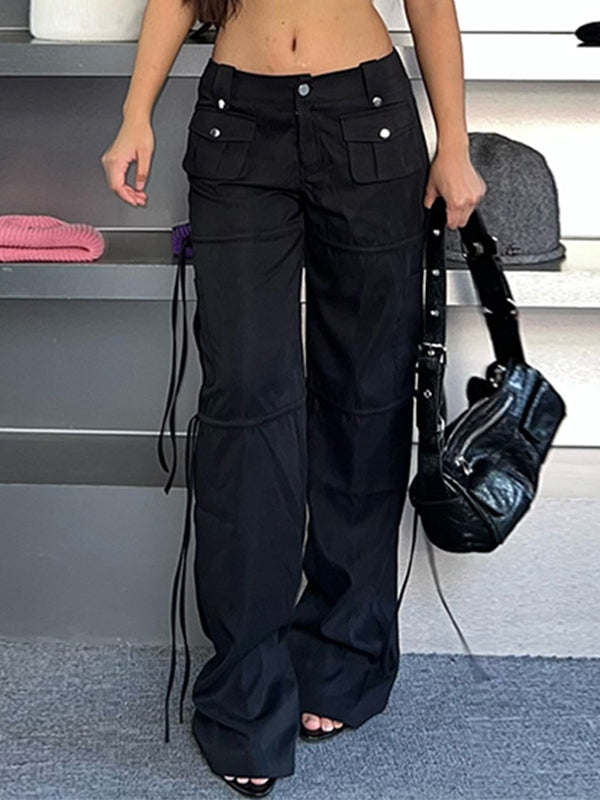 Black Hip Hop Low Waist Pocket Ribbon Splice Cargo Pants