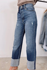 Blaue Jeans mit hoher Taille und geradem Bein im Distressed-Look