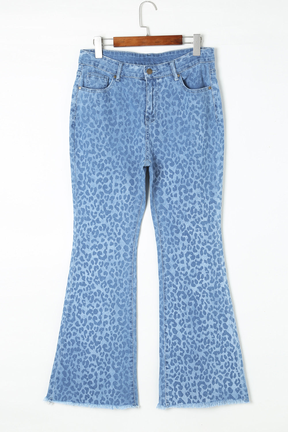 Sky Blue Leopard Print Raw Hem High Waist Flare Jeans