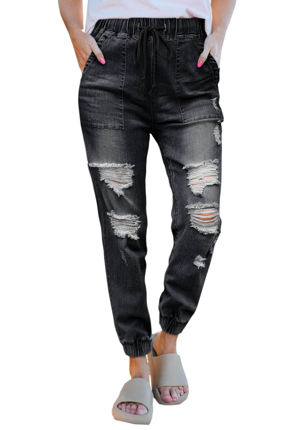 Schwarze Distressed-Jeans mit Taschen