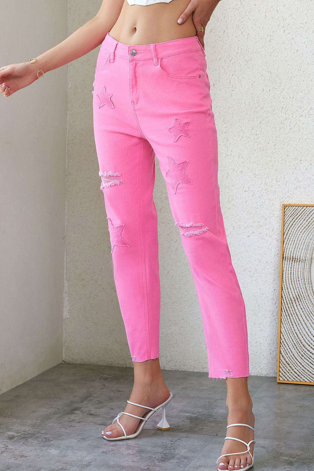 Pink Star Shape Patchwork Mid Waist Straight Leg Jeans