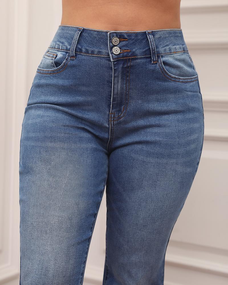 Mid Waist Button Up Waistband Flare Jeans