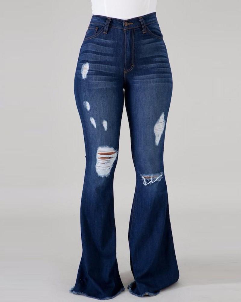 High Waist Ripped Flare Leg Jeans