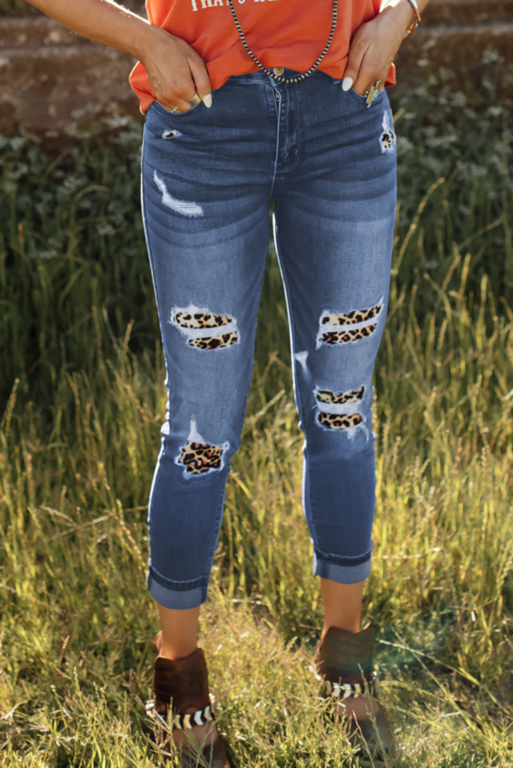 Leopard Patch Destroyed Skinny Blue Jeans