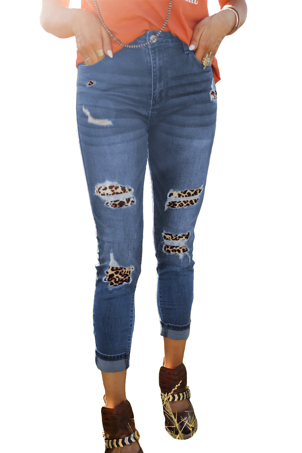 Leopard Patch Destroyed Skinny Blue Jeans