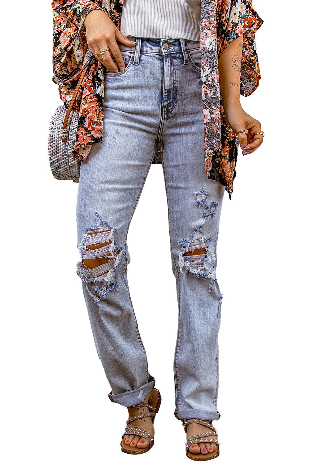 Sky Blue Acid Wash Sheath Straight Leg Distressed Jeans